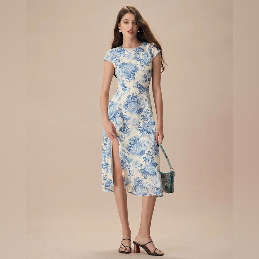 RIHOAS The Blue Round Neck Cap Sleeve Floral Midi Dress XL